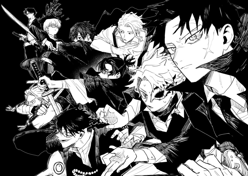 1girl, 6+boys, azami, azami_soushirou, black_hair, braid, coat, earrings