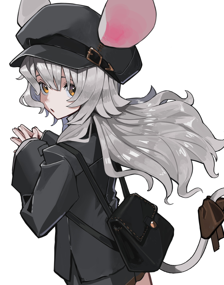 1girl, absurdres, animal_ears, backpack, bag, black_bag, black_hat, black_jacket