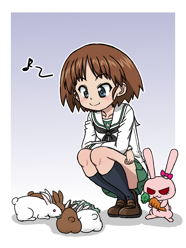 1girl, 1other, black_neckerchief, black_socks, brown_rabbit, brown_shoes, carrot, girls_und_panzer