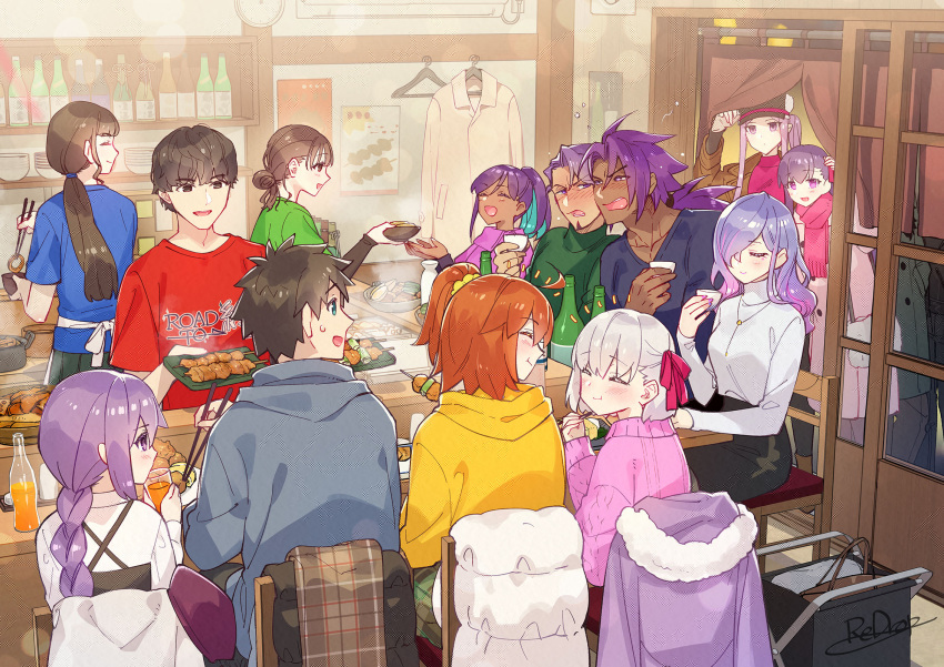 4boys, 6+girls, aged_down, ahoge, ayus_(fate), bhima_(fate), blush, braid, braided_ponytail, breasts, brown_hair, cerejeira_elron, closed_eyes, duryodhana_(fate), eating, fate/grand_order, fate_(series), food, fujimaru_ritsuka_(female), fujimaru_ritsuka_(male), hair_over_one_eye, hair_ribbon, hibi_yuriko, highres, jacket, kama_(fate), kama_(young)_(fate), long_hair, long_sleeves, matou_sakura, medium_breasts, medusa_(fate), medusa_(saber)_(fate), mori_haruka_(announcer), multiple_boys, multiple_girls, one_side_up, open_mouth, orange_hair, purple_hair, real_life, redrop, ribbon, sakura_(paper_moon), scarf, short_hair, shouya_chiba, sidelocks, sion_eltnam_(type-moon), sion_eltnam_sokaris, sion_eltnam_sokaris_(paper_moon), smile, sweater, thighs, violet_eyes, white_hair