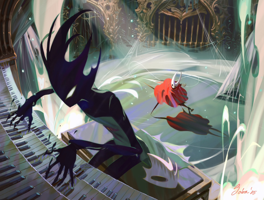 1girl, 1other, arthropod_girl, black_eyes, black_hair, black_skin, blank_eyes, boss_fight