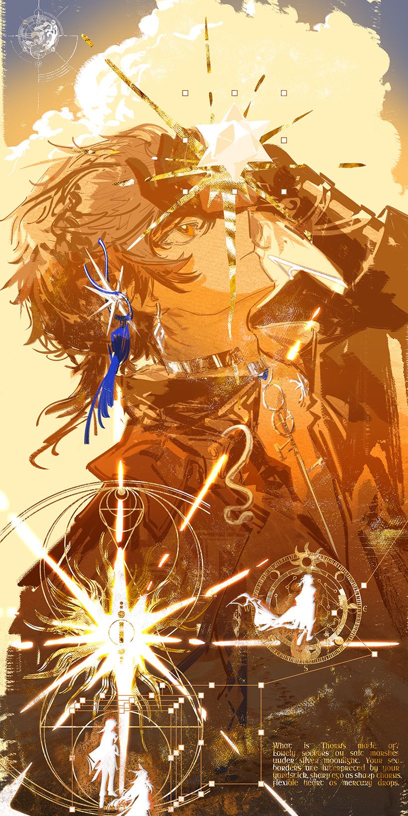 1boy, abstract, arknights, choker, clouds, english_text, expressionless, hand_on_own_face