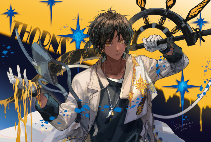 1boy, arknights, black_hair, black_shirt, braid, brooch, chain, chain_necklace, character_name, dark-skinned_male, dark_skin, floating_clothes, floating_hair, gloves, holding, holding_weapon, jacket, jewelry, male_focus, necklace, over_shoulder, parted_lips, pendant, ponytail, shatin_(pomelomcp), shirt, short_ponytail, side_braid, solo, thorns_(arknights), tsurime, upper_body, weapon, weapon_over_shoulder, white_gloves, white_jacket, yellow_eyes, yellow_liquid