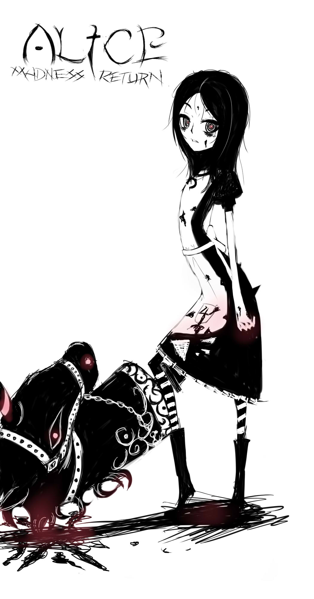 alice_(wonderland), alice_in_wonderland, american_mcgee's_alice, american_mcgee's_alice, apron, blood, dress, highres, hobby_horse, horse, long_hair, monochrome, pantyhose, striped, striped_legwear, weapon