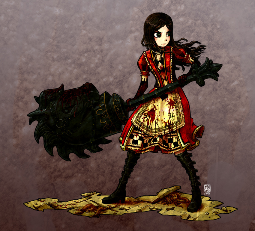 alice_(wonderland), alice_in_wonderland, american_mcgee's_alice, blood, boots, brown_hair, dress, green_eyes