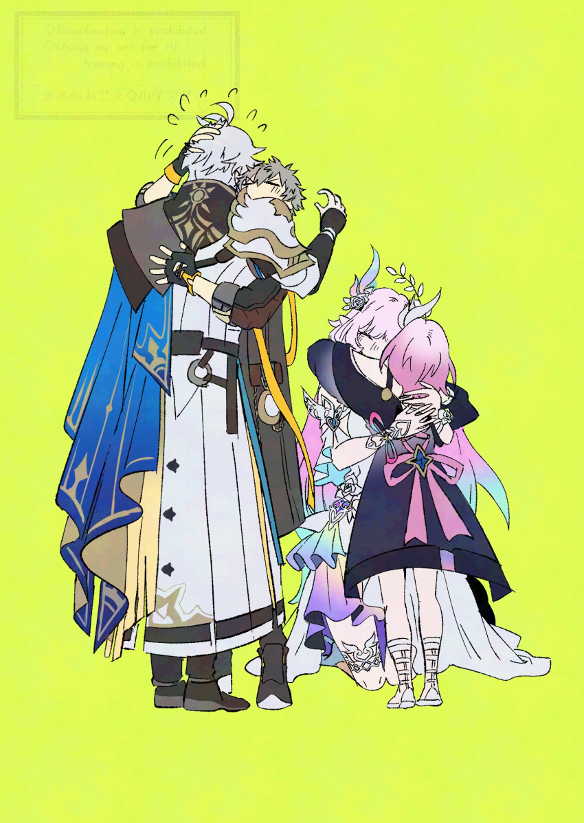 >_<, 2boys, 2girls, antenna_hair, back_bow, bare_shoulders, black_boots, black_coat