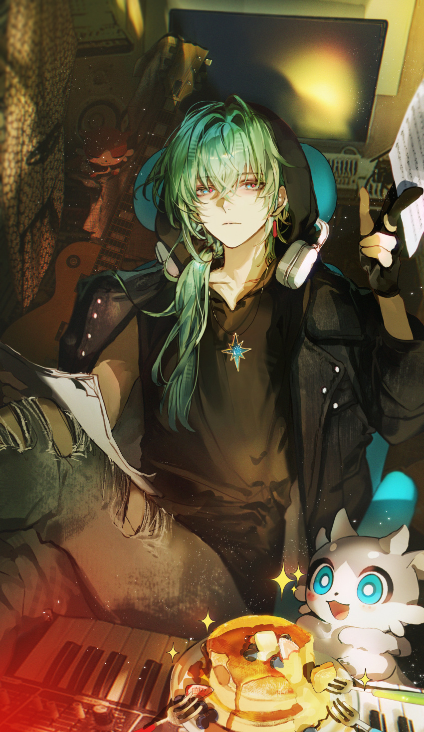 1boy, absurdres, anaxa_(alternate_spacetime)_(honkai:_star_rail), anaxa_(honkai:_star_rail), aqua_hair, black_gloves, black_jacket, black_shirt