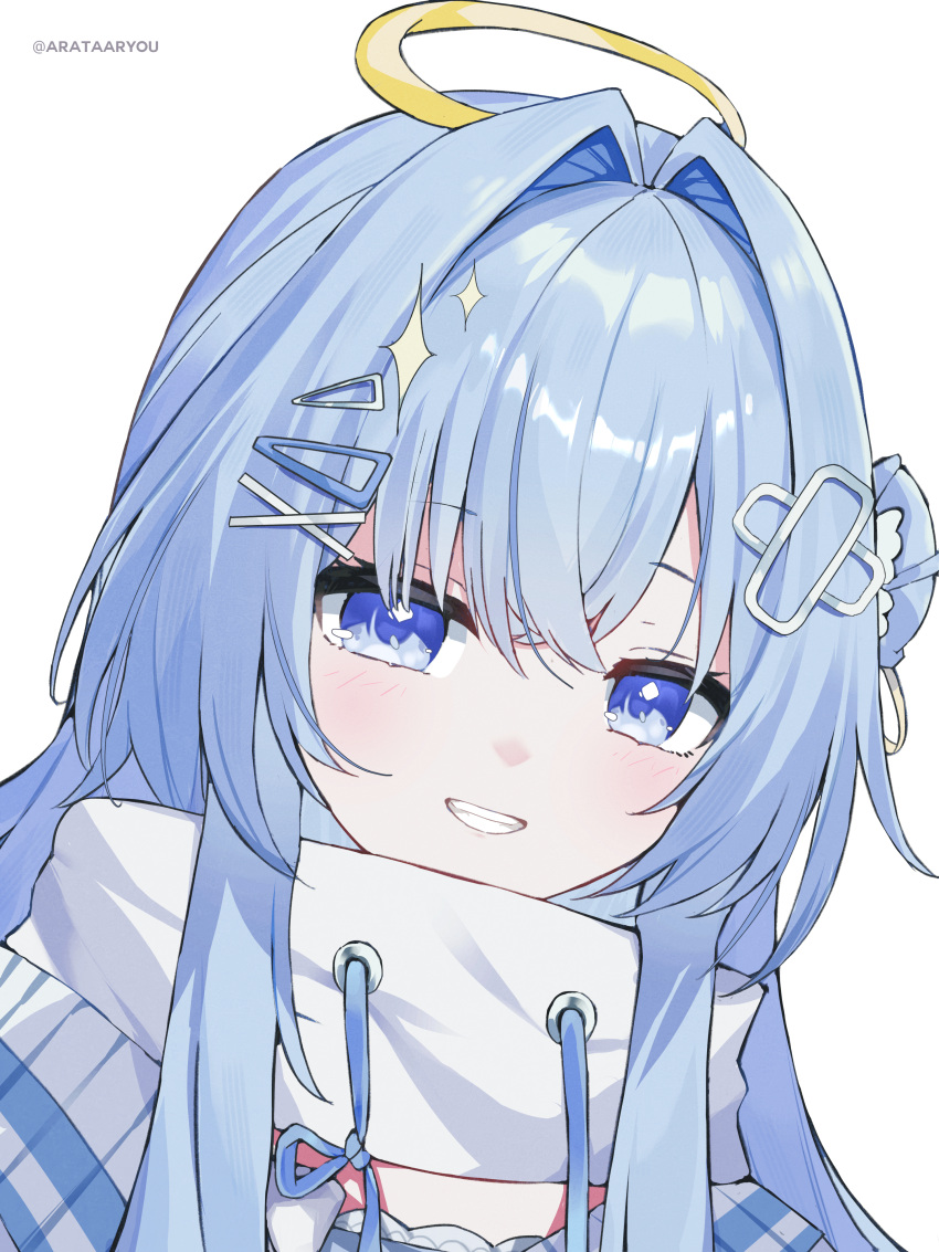 1girl, absurdres, arata_ryou, blue_eyes, blue_hair, blush, commentary_request, eris_suzukami