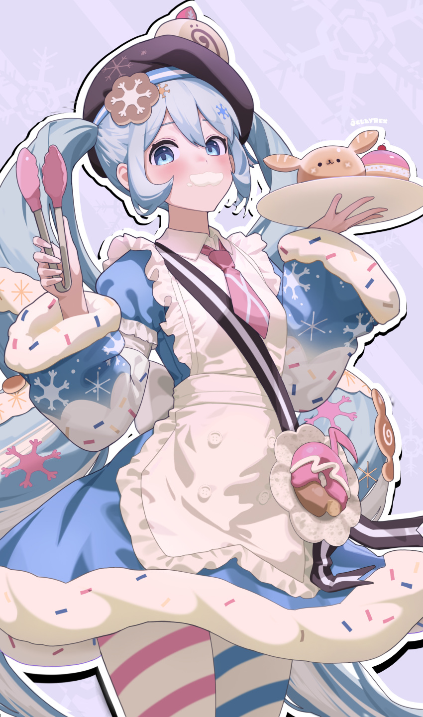 1girl, absurdres, apron, aqua_eyes, aqua_hair, beret, brown_hat, cake