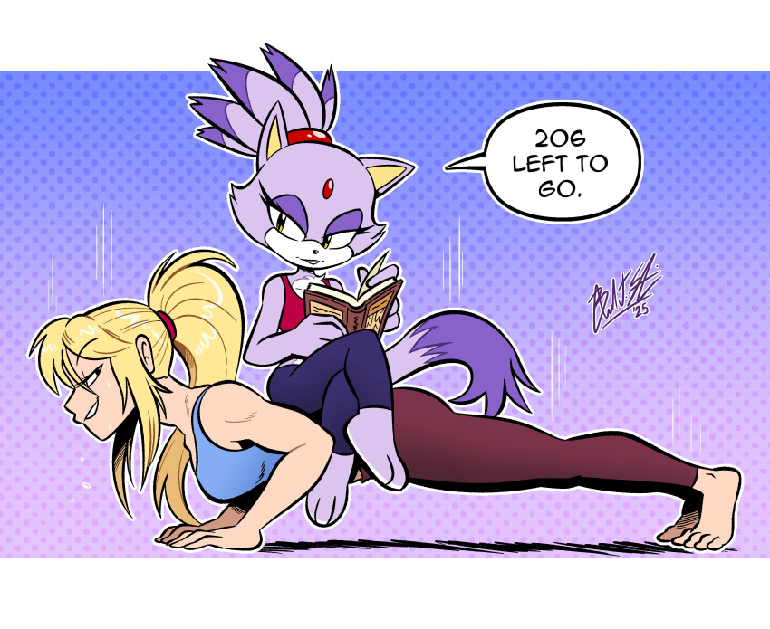 2girls, absurdres, animal_ears, animal_nose, artist_name, barefoot, blaze_the_cat, blonde_hair, book, brandon_santiago, cat_ears, cat_girl, cat_tail, commentary, commission, crossover, english_commentary, english_text, exercising, eyelashes, feet, forehead_jewel, furry, furry_female, gloves, highres, long_hair, metroid, multiple_girls, no_shoes, ponytail, purple_fur, push-ups, samus_aran, smile, sonic_(series), speech_bubble, tail, tank_top, toes, topknot, white_gloves