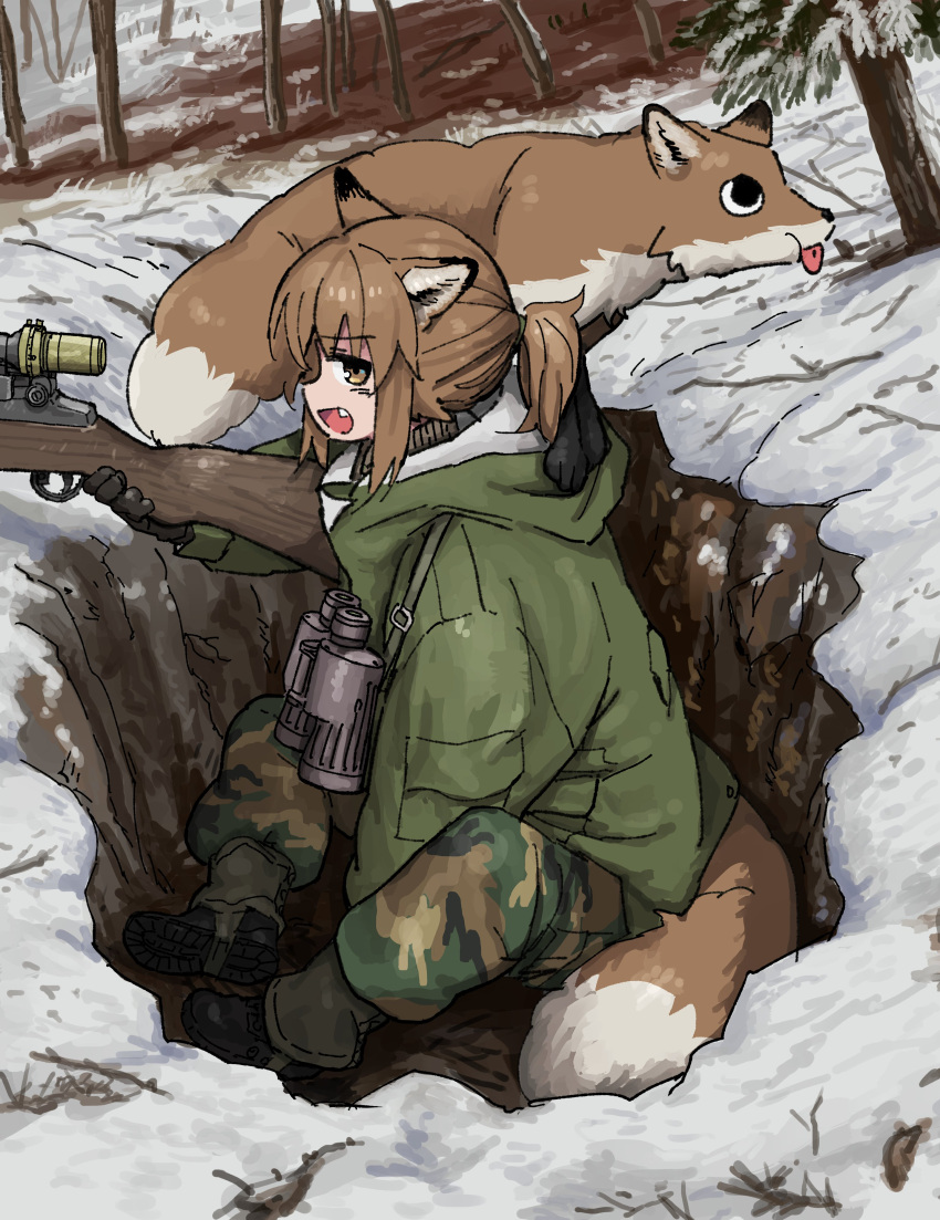 1girl, absurdres, animal_ears, binoculars, branch, brown_hair, closed_mouth, fang