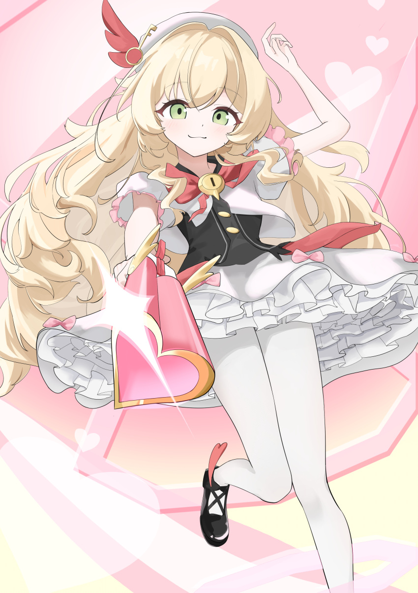 1girl, :3, absurdres, aiming, aiming_at_viewer, alternate_costume, arm_up, beret, black_shoes, black_vest, blonde_hair, blue_archive, blush, bow, bowtie, buttons, closed_mouth, commentary, dress, floating_hair, fluffy_hair, foot_out_of_frame, frilled_sleeves, frills, glint, green_eyes, gun, hair_between_eyes, hair_intakes, hat, hat_feather, heart, heart-shaped_gun_barrel, highres, holding, holding_gun, holding_weapon, key, knees_together_feet_apart, long_hair, no_ra339, pantyhose, petticoat, pink_background, professor_niyaniya_(blue_archive), puffy_short_sleeves, puffy_sleeves, red_bow, red_bowtie, shoes, short_dress, short_sleeves, sidelocks, simple_background, smile, solo, standing, standing_on_one_leg, very_long_hair, vest, weapon, white_dress, white_hat, white_pantyhose