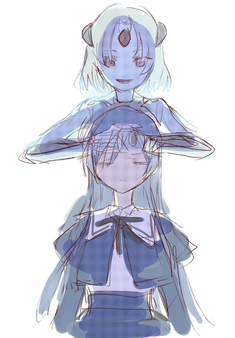 2girls, akashi_manaka, arms_at_sides, assault_lily, black_ribbon, black_skirt, blue_hair, closed_eyes