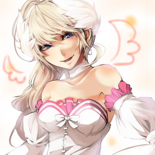 blonde_hair, blue_eyes, choker, fantasy_earth_zero, head_tilt, lowres, shiroesa, smile