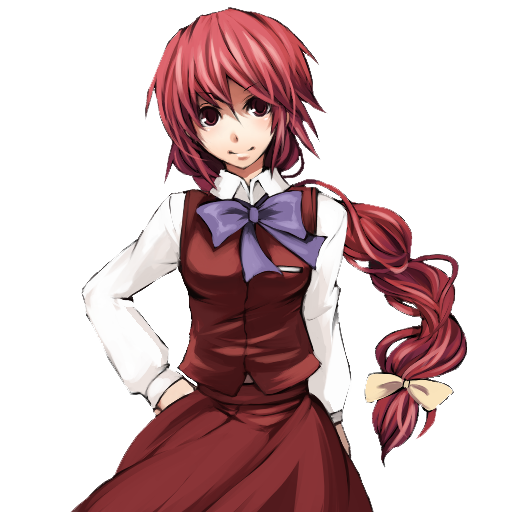 bow, braid, hand_on_hip, hips, long_hair, lowres, okazaki_yumemi, red_eyes, red_hair, redhead, shiroesa, simple_background, single_braid, smile, solo, touhou, touhou_(pc-98), transparent_background