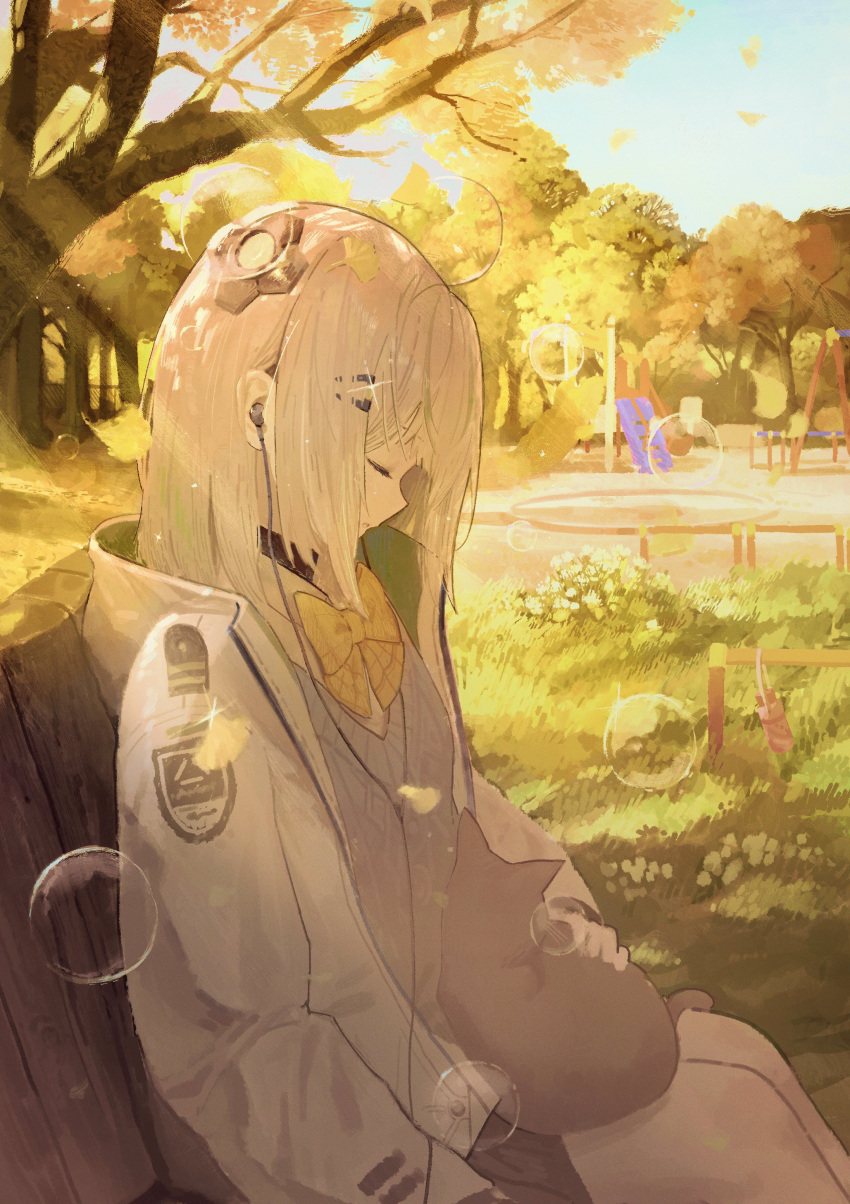 1girl, absurdres, admi_(nikke), animal_on_lap, bench, black_collar, black_skirt, bow