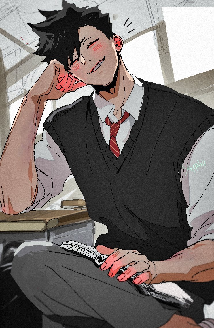 1boy, black_hair, black_sweater_vest, blush, book, closed_eyes, collared_shirt, commentary