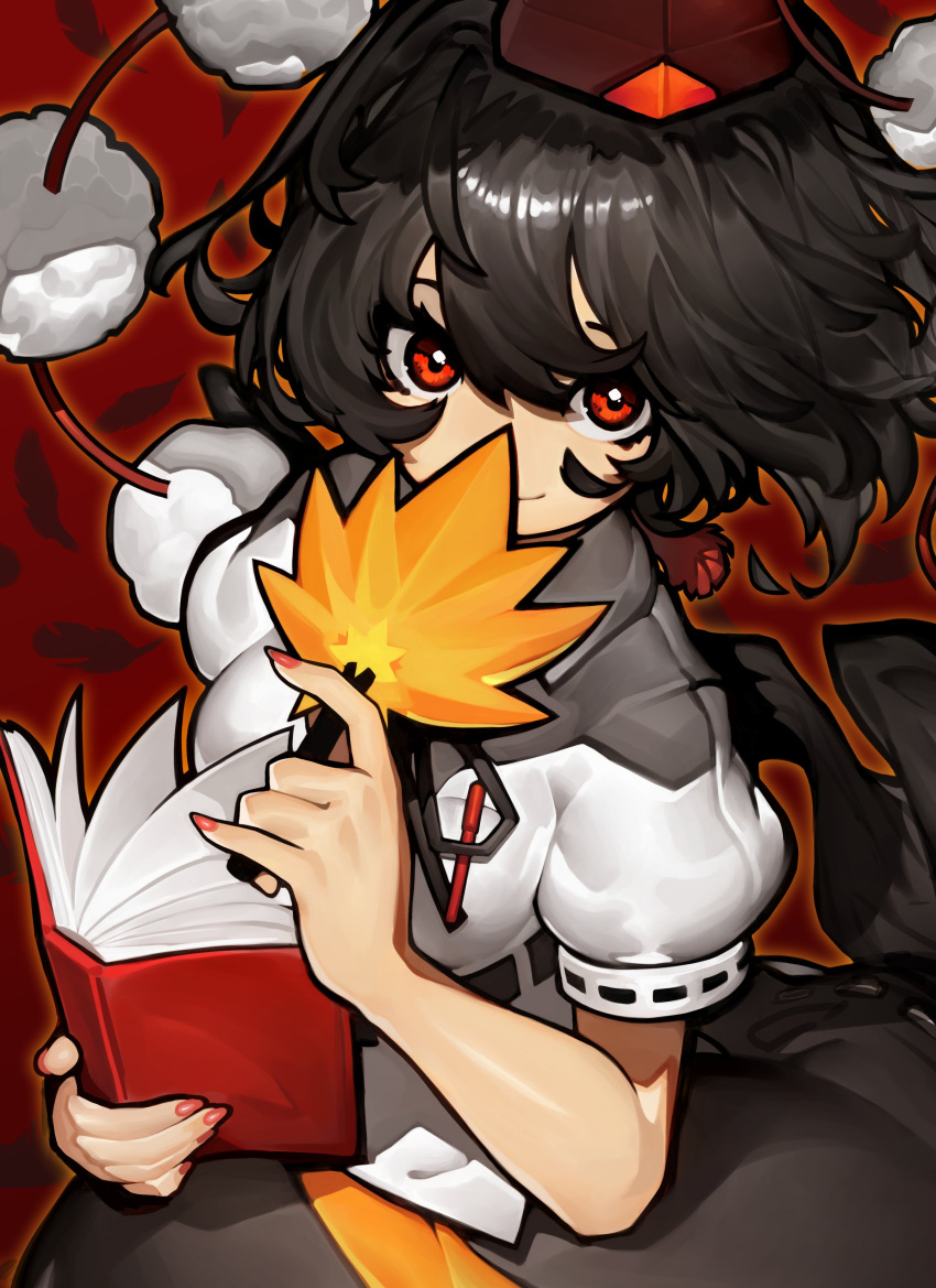 1girl, absurdres, black_hair, black_skirt, book, feathered_wings, hand_fan, hat
