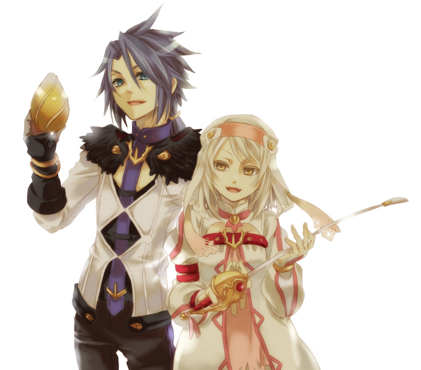 decus, green_eyes, miho_(mi), ponytail, purple_hair, rapier, short_hair, simple_background