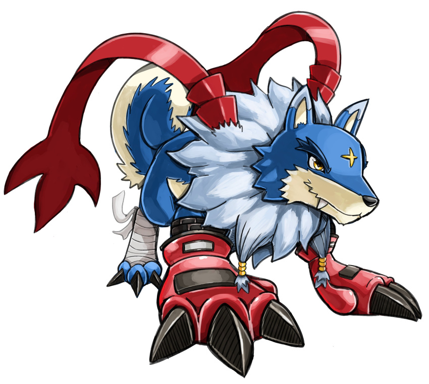 absurdres, animal_focus, digimon, digimon_(creature), fangs, full_body, gaogamon, gloves, highres, no_humans, qkranks, red_gloves, red_ribbon, ribbon, simple_background, solo, white_background, wolf, yellow_eyes