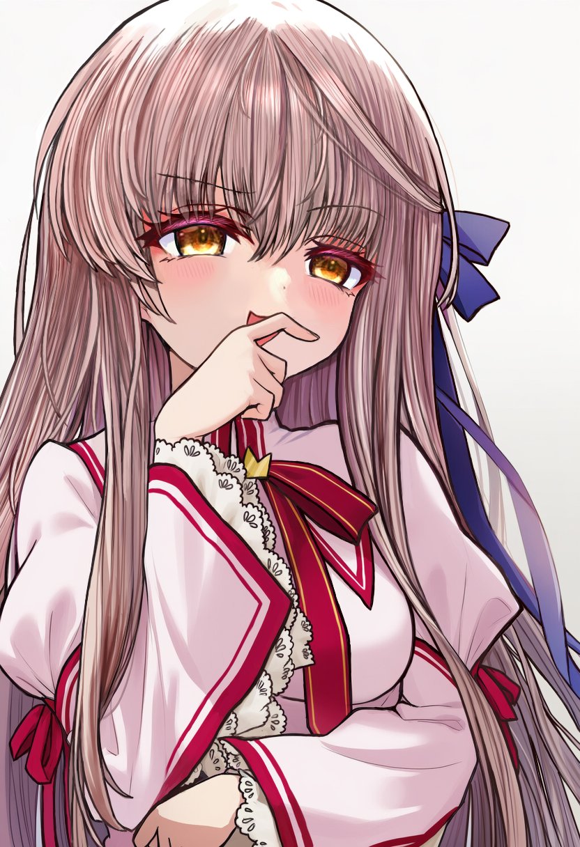 1girl, :d, arm_under_breasts, blue_ribbon, blush, breasts, brown_hair, colored_eyelashes