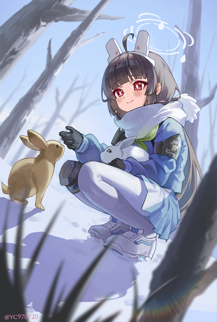 1girl, absurdres, animal_ears, artist_name, bare_tree, black_gloves, black_hair, blue_archive