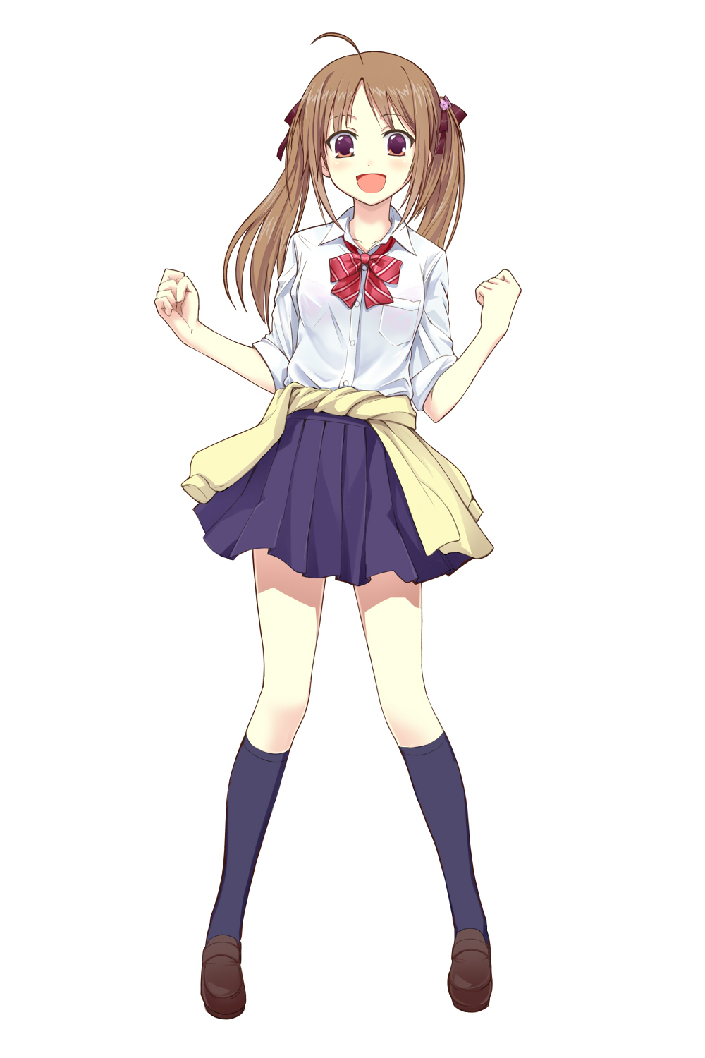 :d, ahoge, bra, brown_hair, clenched_hands, dress_shirt, hair_ribbon, highres