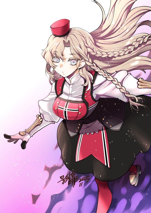 1girl, black_shirt, black_skirt, blonde_hair, braid, breasts, eidsvold_(kancolle), gloves