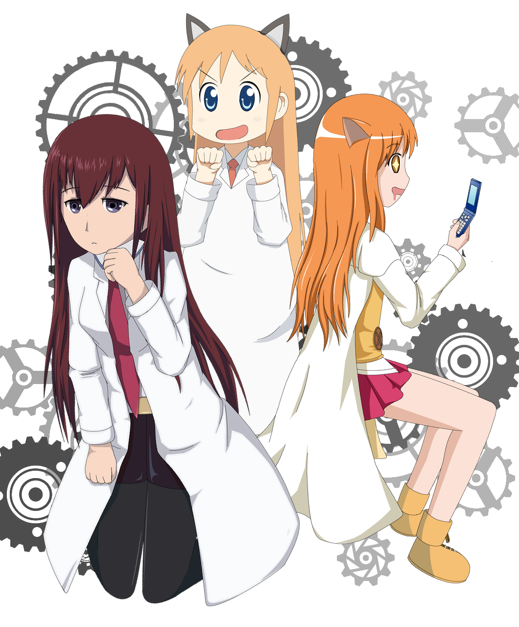 +.+, 3girls, animal_ears, cat_ears, cellphone, child, crossover, dog_days