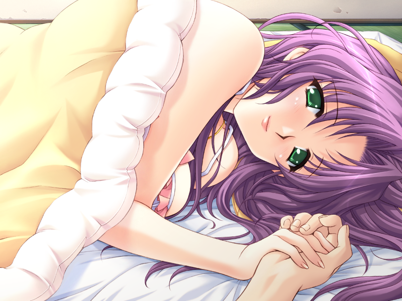 1girl, aoi_sakura_(tsuma_shibori), blanket, breasts, futon, game_cg, green_eyes, holding_hands