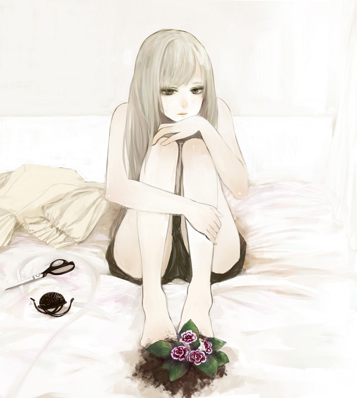 1girl, bad_id, bare_legs, bare_shoulders, barefoot, bed, blonde_hair, brown_hair
