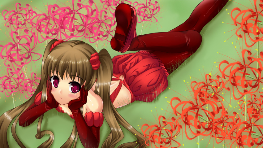 blush, brown_hair, elbow_gloves, gloves, grass, hair_ribbon, highres, long_hair, on_stomach, original, pantyhose, purple_eyes, ribbon, shoes, simple_background, slavedoll, solo, twintails, violet_eyes