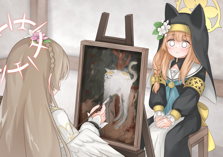 2girls, absurdres, back_bow, black_veil, blue_archive, blurry, blurry_background, blush
