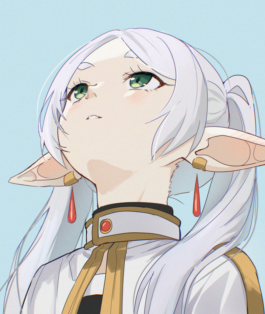 1girl, blue_background, capelet, commentary, danraz0r, earrings, elf, english_commentary