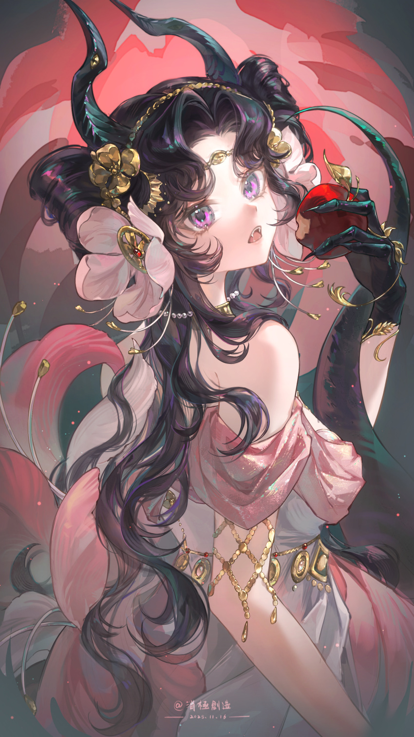 1girl, absurdres, anjo_nala, anjo_nala_(forbidden_fruit), apple, artist_name, bare_shoulders, bitten_apple