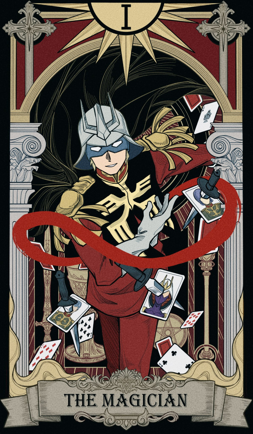 1boy, ace_(playing_card), ace_of_spades, black_cape, blonde_hair, bowing, cape, card, card_(medium), char_aznable, commentary_request, dagger, epaulettes, facing_viewer, floating_card, garma_zabi, gihren_zabi, gloves, grin, gundam, helmet, highres, jacket, knife, kycilia_zabi, male_focus, mask, mikazuki121410, military_jacket, military_uniform, mobile_suit_gundam, pants, pillar, playing_card, red_jacket, red_pants, smile, solo, spade_(shape), standing, tarot, tarot_(medium), weapon, white_gloves, zeon