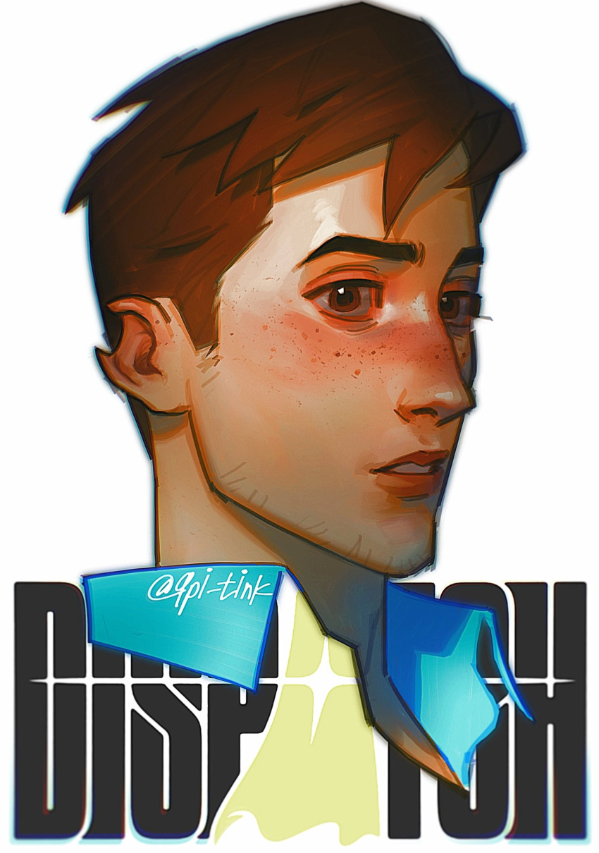 1boy, beard_stubble, blush, brown_eyes, brown_hair, collared_shirt, copyright_name, dispatch