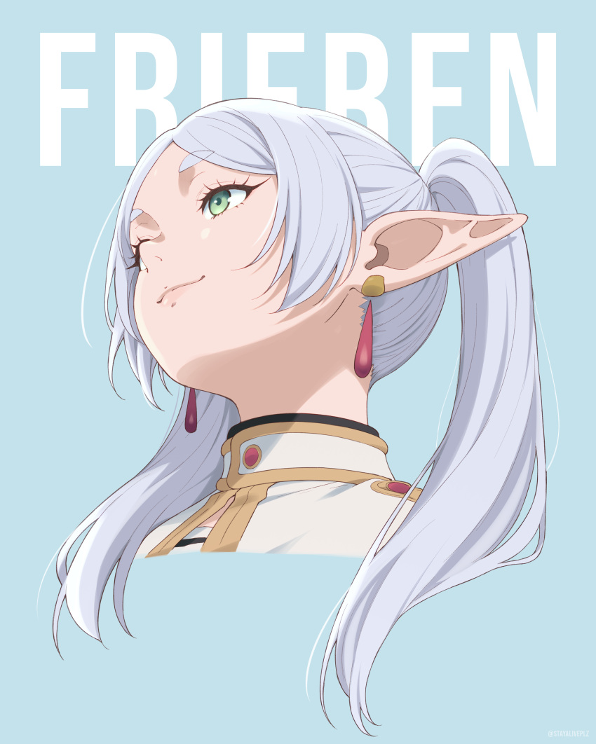 1girl, absurdres, aqua_background, character_name, closed_mouth, commentary, cropped_shoulders, earrings