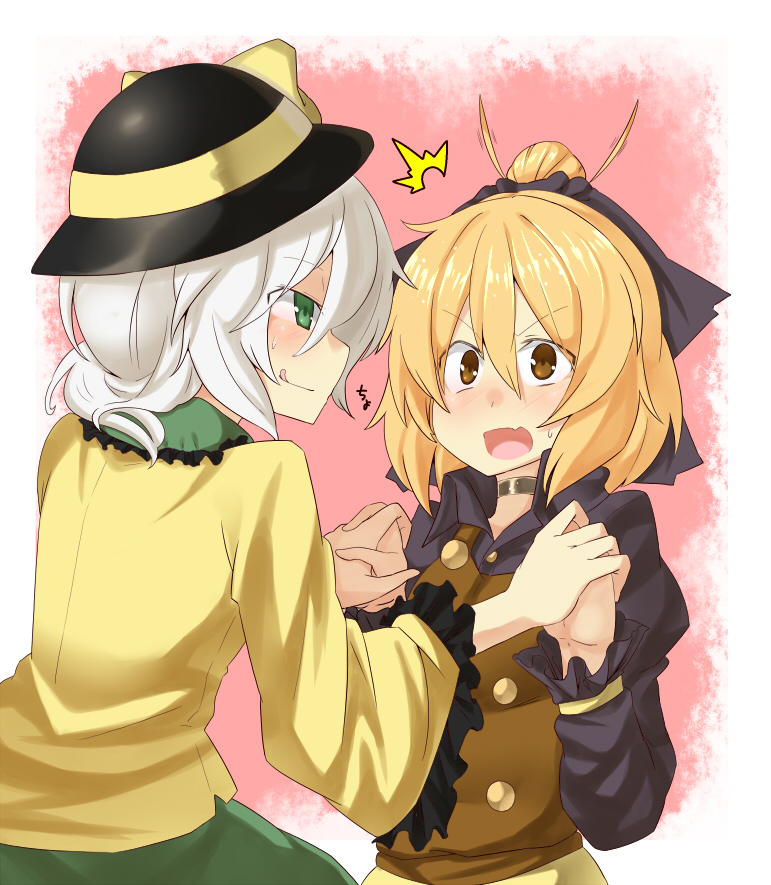 :q, ahoge, blonde_hair, blush, brown_eyes, choker, collar, face