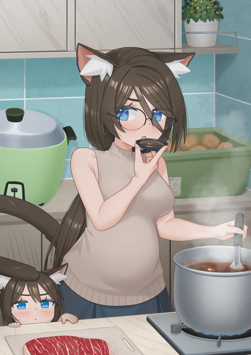 2girls, absurdres, aina_(mao_lian), animal_ear_fluff, animal_ears, blue_eyes, blue_skirt, blush, bowl, brown_hair, brown_sweater, brown_tail, cat_ears, cat_girl, cat_tail, child, commentary_request, cooking, food, glasses, hair_between_eyes, highres, holding, holding_bowl, indoors, kitchen, long_hair, mao_lian_(nekokao), meat, mother_and_daughter, multiple_girls, original, parted_bangs, plant, plate, ponytail, potato, potted_plant, pregnant, rice_cooker, skirt, sleeveless, sleeveless_turtleneck, soup, stirring, stove, sweater, tail, tasting, tasting_plate, turtleneck, turtleneck_sweater, very_long_hair