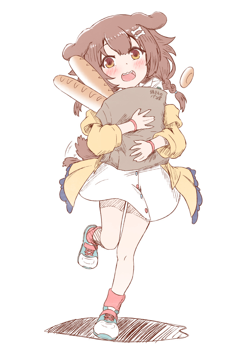 1girl, :3, absurdres, animal_ears, bag, baguette, blush, bone_hair_ornament, braid, bread, brown_eyes, commentary, dog_ears, dog_girl, dog_tail, fangs, food, full_body, hair_ornament, highres, holding, holding_bag, hololive, hood, hooded_jacket, inugami_korone, inugami_korone_(1st_costume), jacket, long_hair, long_sleeves, looking_at_viewer, nabe-san, off_shoulder, open_clothes, open_jacket, open_mouth, paper_bag, shoes, skirt, smile, sneakers, solo, standing, standing_on_one_leg, tail, tail_wagging, twin_braids, virtual_youtuber, wristband