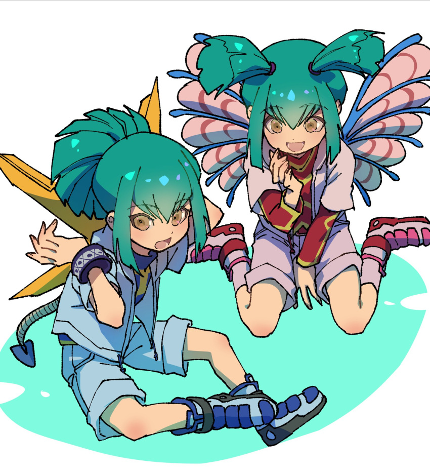 1boy, 1girl, ancient_fairy_dragon, blue_boots, blue_jacket, blue_shirt, blue_shorts, boots