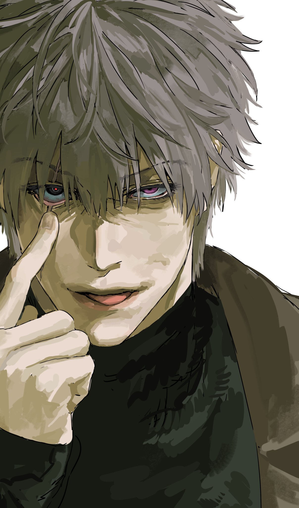 1boy, :p, arm_up, black_shirt, brown_jacket, eyelid_pull, grey_hair, hashtag-only_commentary