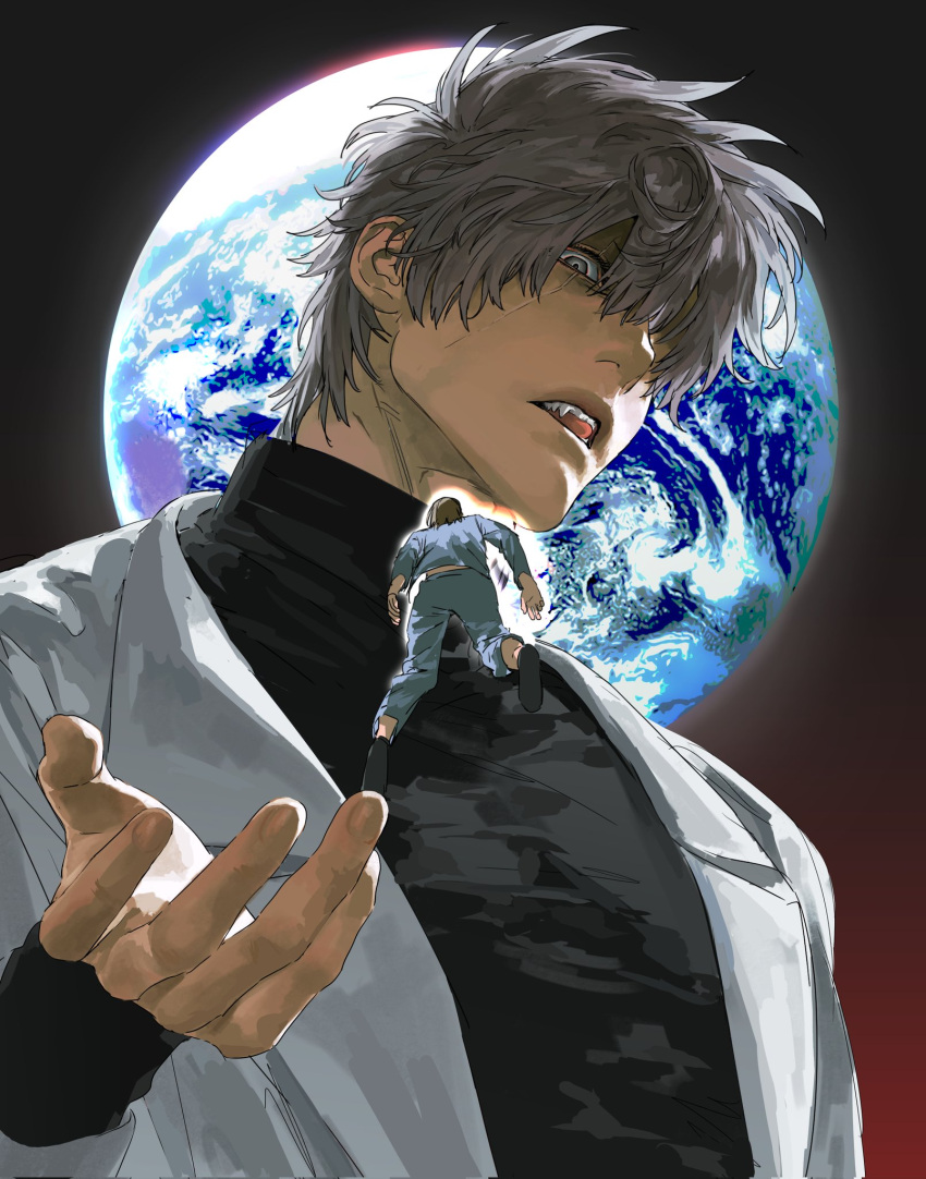 2boys, black_shirt, blue_pants, blue_shirt, earth_(planet), floating, giant, grey_eyes