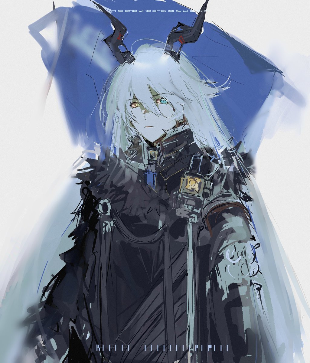 1dtjg00jjc86253, 1girl, black_coat, black_horns, blue_eyes, blue_flag, closed_mouth, coat