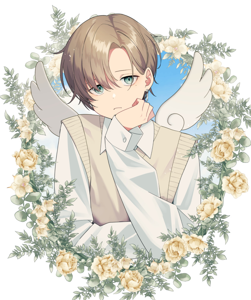 1boy, angel_wings, blue_sky, border, brown_hair, collared_shirt, commentary_request, floral_border