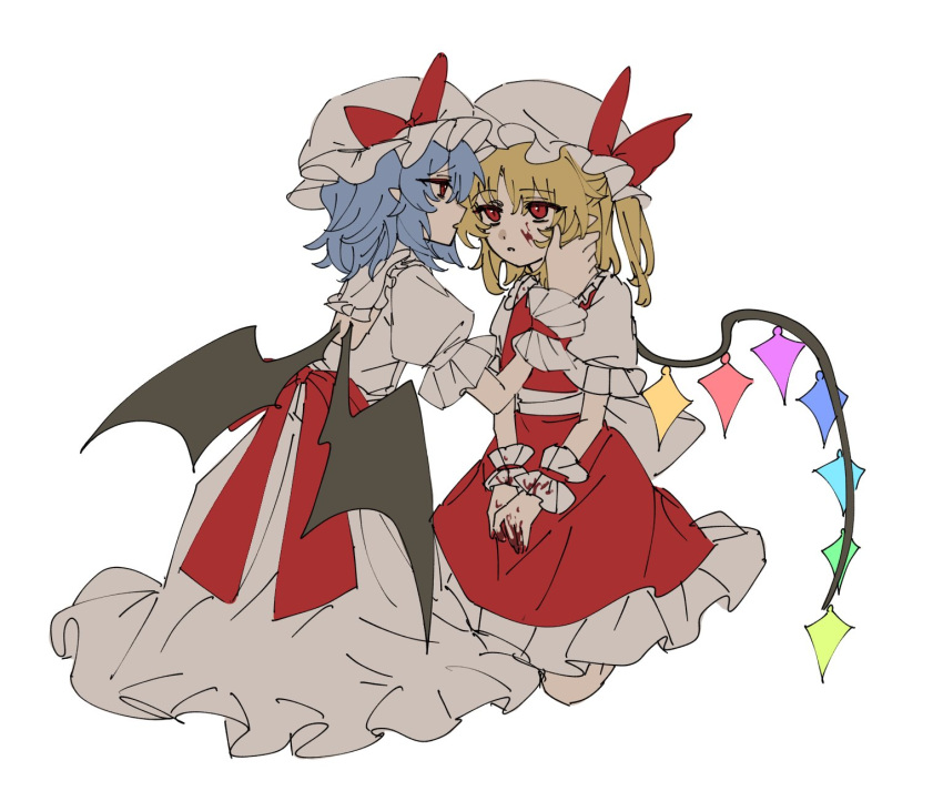 2girls, back_bow, bat_wings, blonde_hair, blood, blood_on_face, blood_on_hands, blue_hair