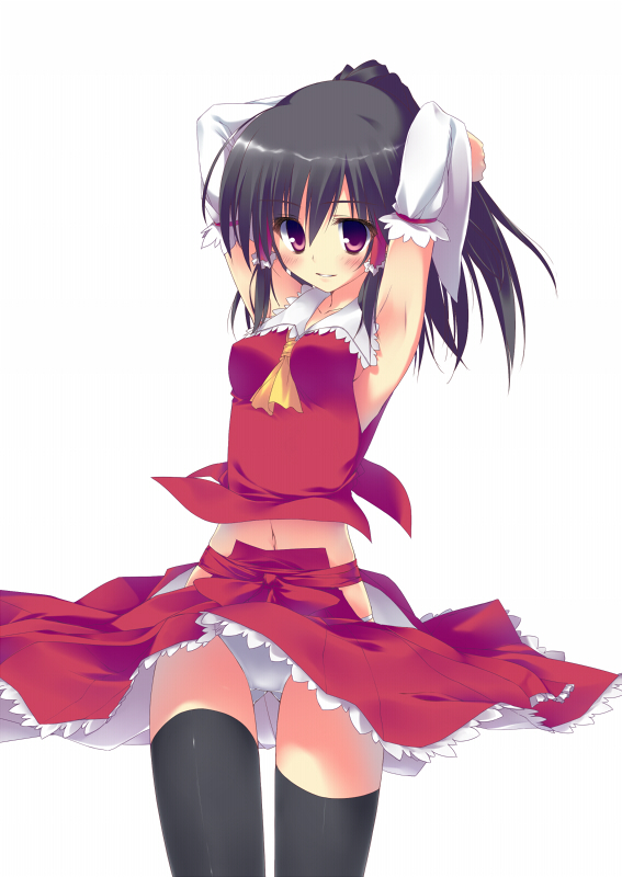 alternate_hairstyle, armpits, arms_behind_head, arms_up, ascot, bad_id, black_hair, black_legwear
