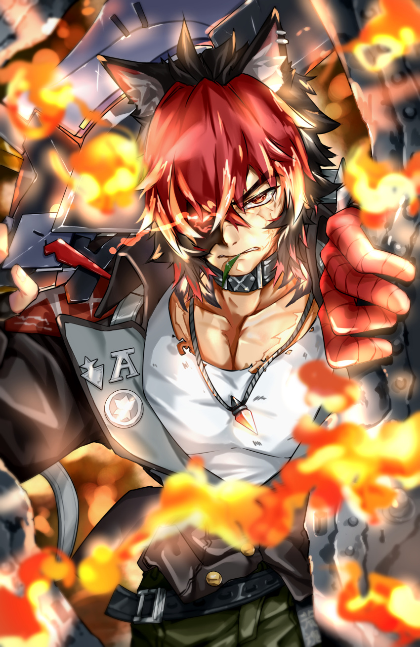 1boy, absurdres, animal_ear_fluff, animal_ear_piercing, animal_ears, bandaged_hand, bandages, belt
