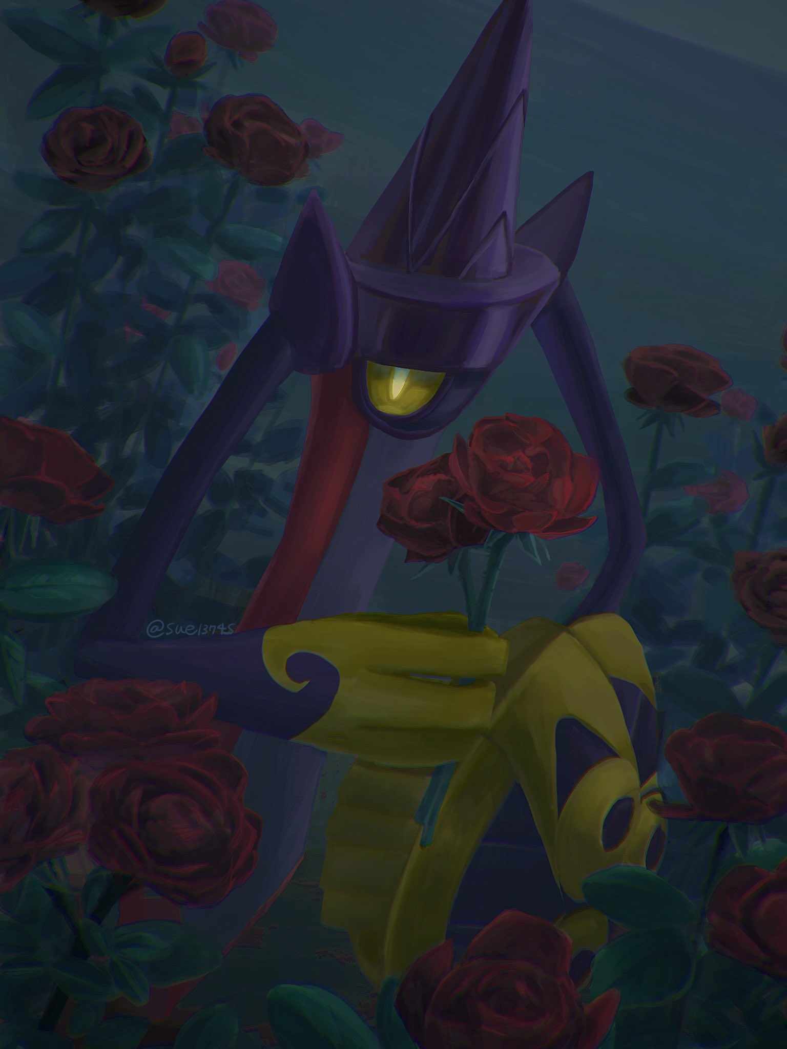 aegislash, alternate_color, flower, highres, holding, holding_flower, holding_shield, no_humans